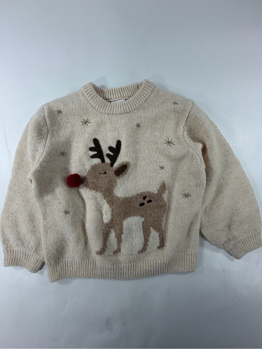 Zara Cream Reindeer Knit Crewneck Sweater Red Pom Pom Womens Medium Holiday Y2K
